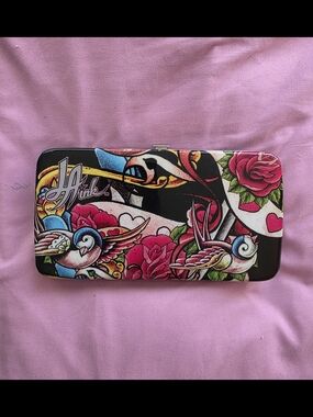 Ed Hardy Pink Tattoo-Print Wallet  with Swallows and Roses